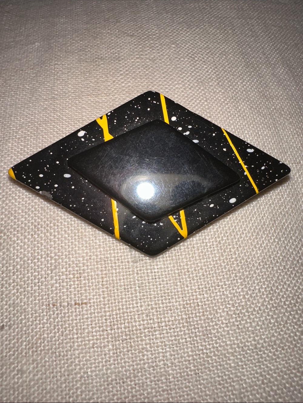 Vintage 80s New Wave Postmodern Geometric Black & Yellow Diamond-Shape Brooch